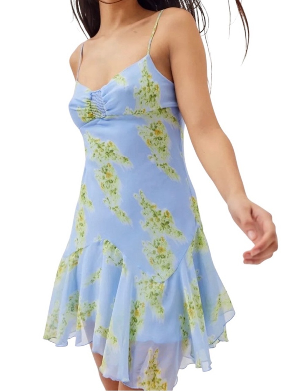 Urban Outfitters Light Blue chiffon Slip Dress Green floral ruffle hem medium
